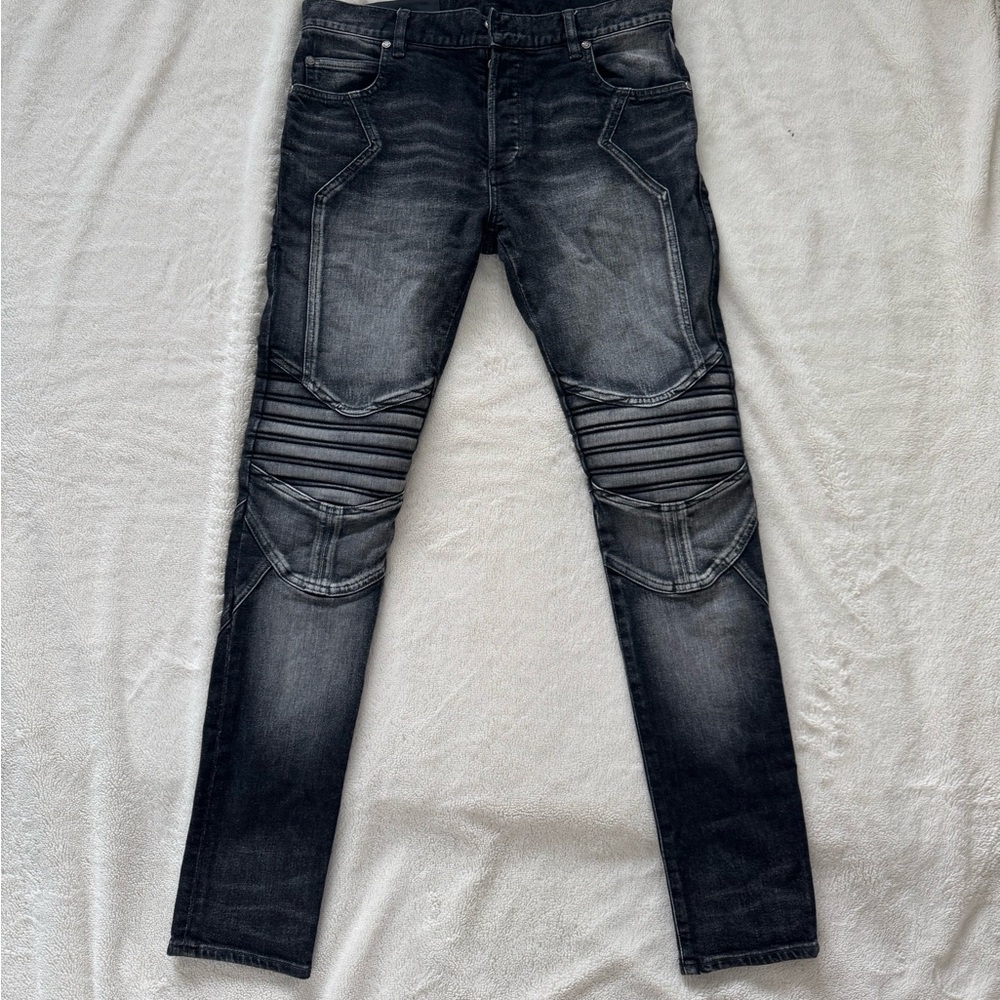 Balmain Men's Skinny Moto Jeans in Washed Black